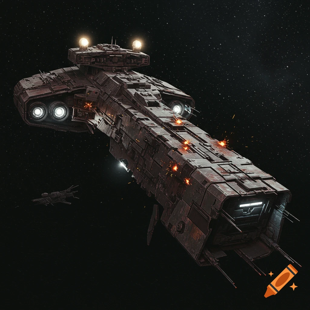A large, battle-damaged spaceship floating in space with sparks.