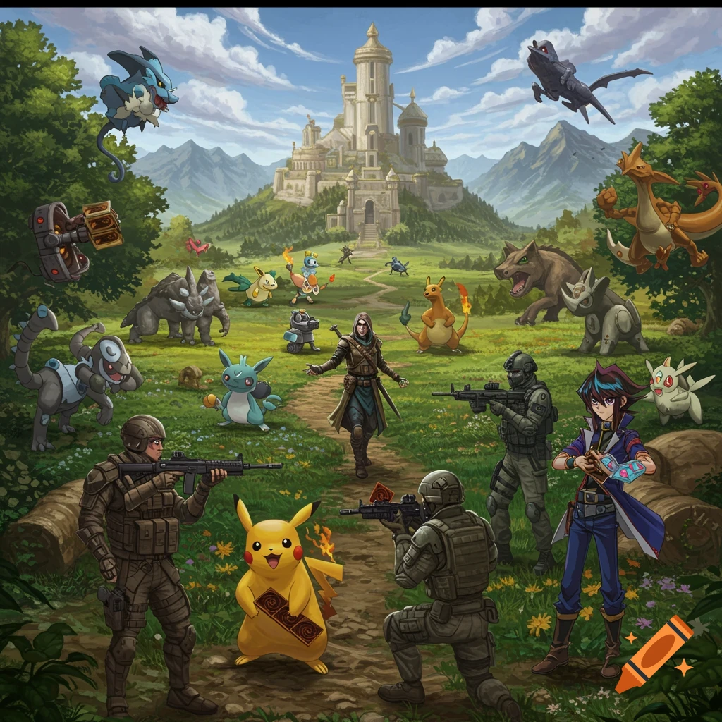 Fantasy landscape with characters from Pokemon, Runescape, Call of Duty, and Yu-Gi-Oh! including Pikachu, soldiers, and duelists.
