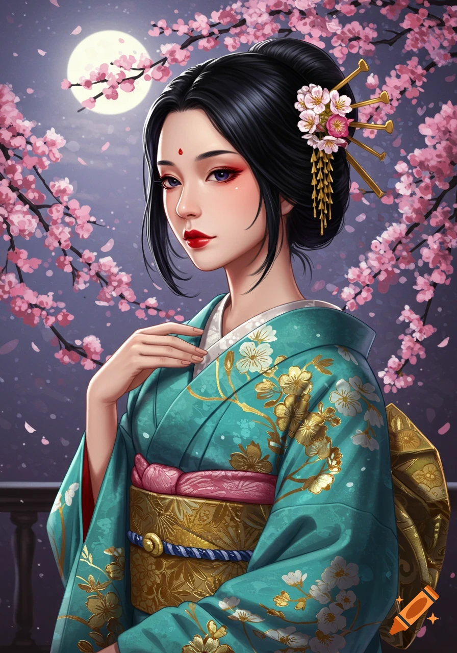 A woman in a teal kimono with cherry blossoms and a moon in the background.