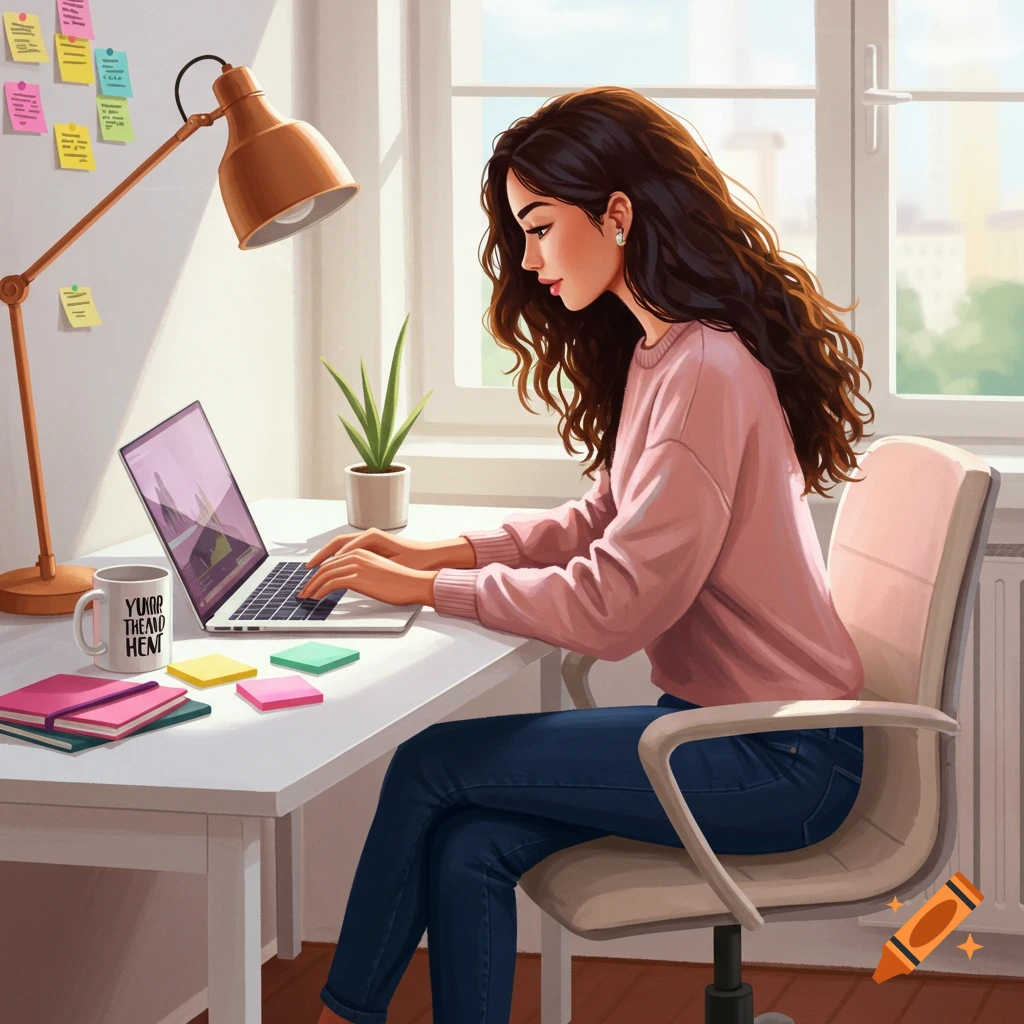 A woman working on a laptop at a desk with post-it notes and a mug.
