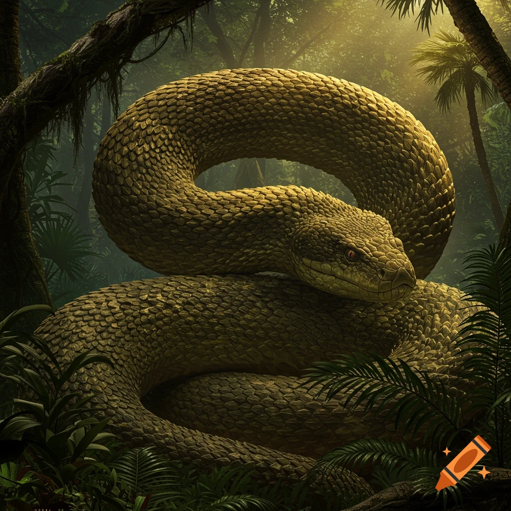 A large coiled snake in a jungle