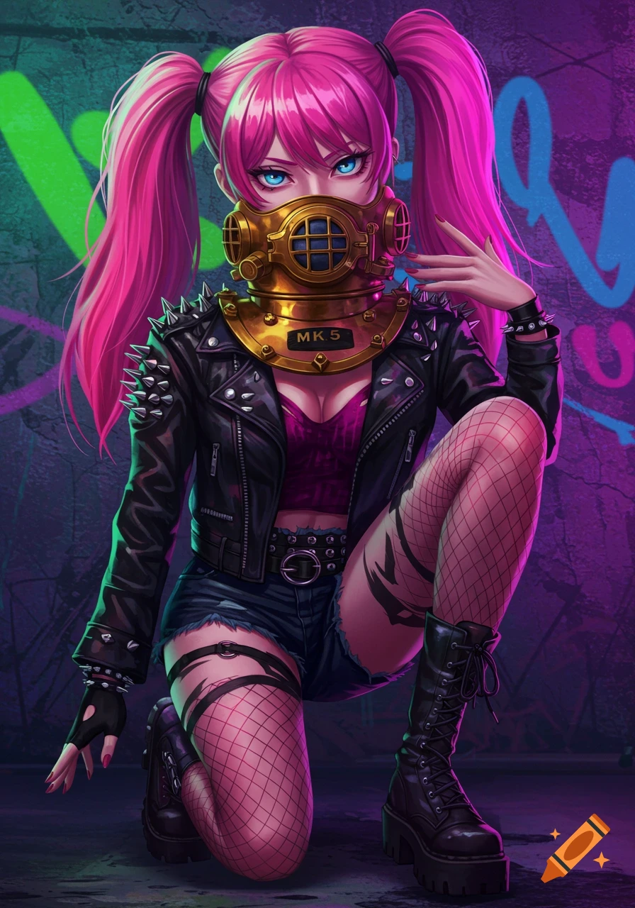 Anime girl with pink pigtails, diving helmet, leather jacket, and fishnets kneels in front of a graffiti wall.