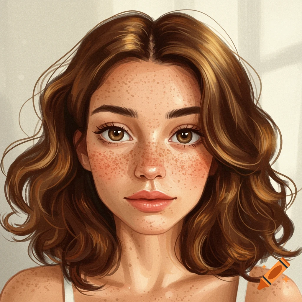 Close-up portrait of a young woman with brown wavy hair and freckles.