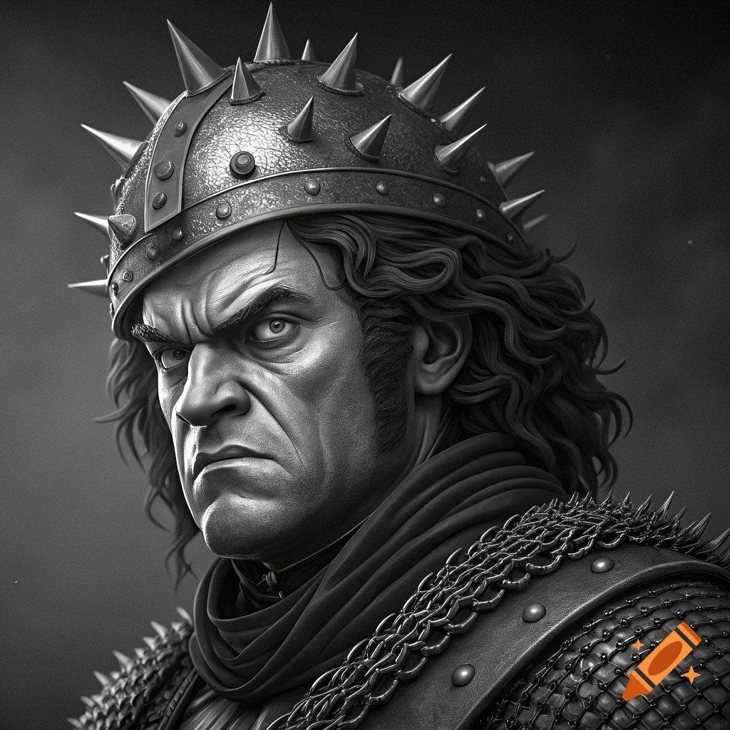 Black and white portrait of a fierce man in a spiked metal helmet and chainmail armor.