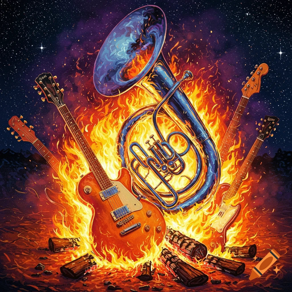 Guitars and a tuba burn in a bonfire under a starry night sky.