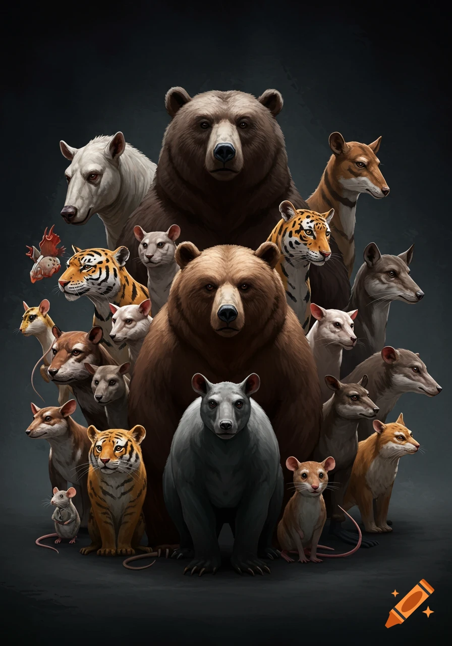 A group of bears, tigers, hyenas, and mice looking serious on a dark background.