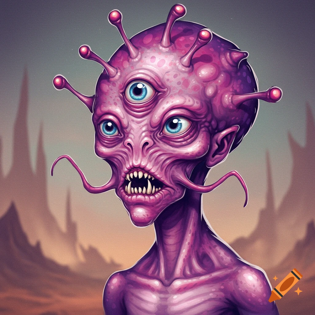A purple alien creature with three eyes and tentacles against a rocky landscape.