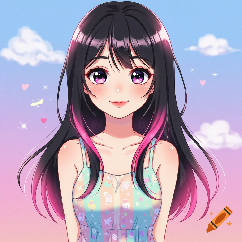 Anime portrait of a young woman with black and pink hair in a dress against a sky background.