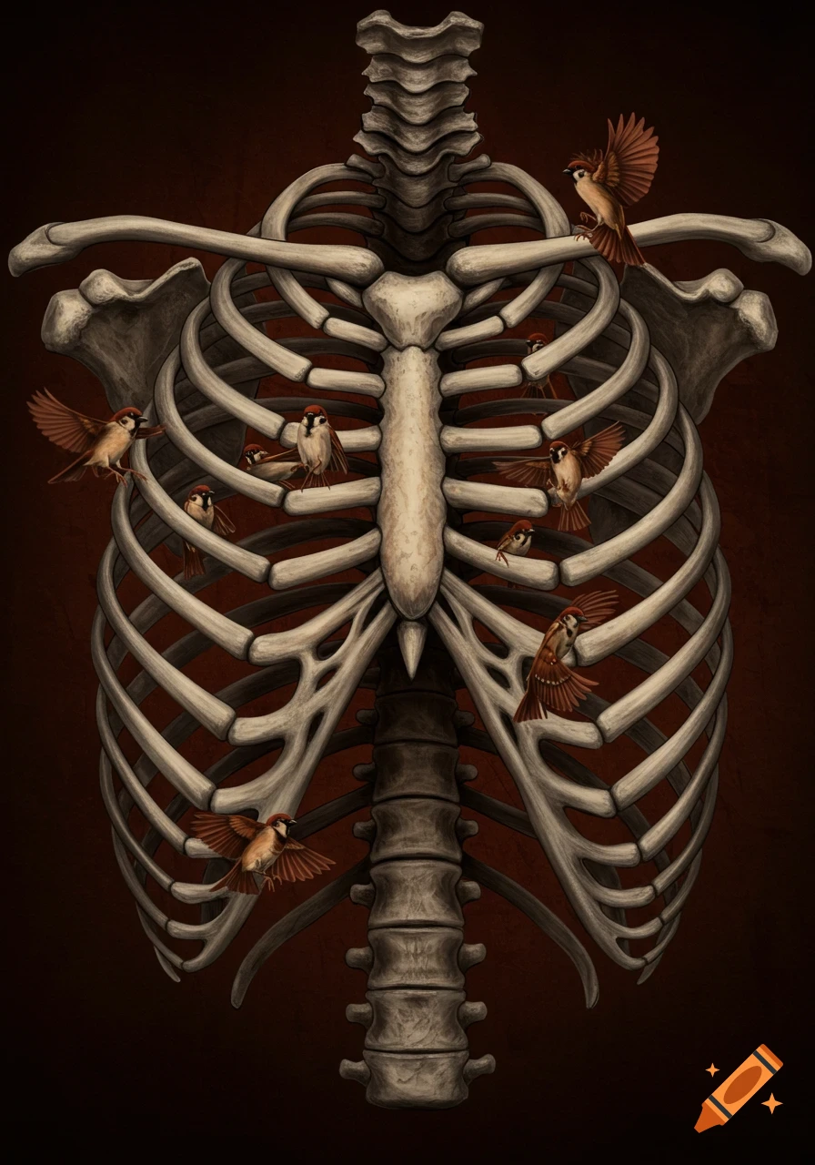 Sparrows flying in and around a human rib cage.