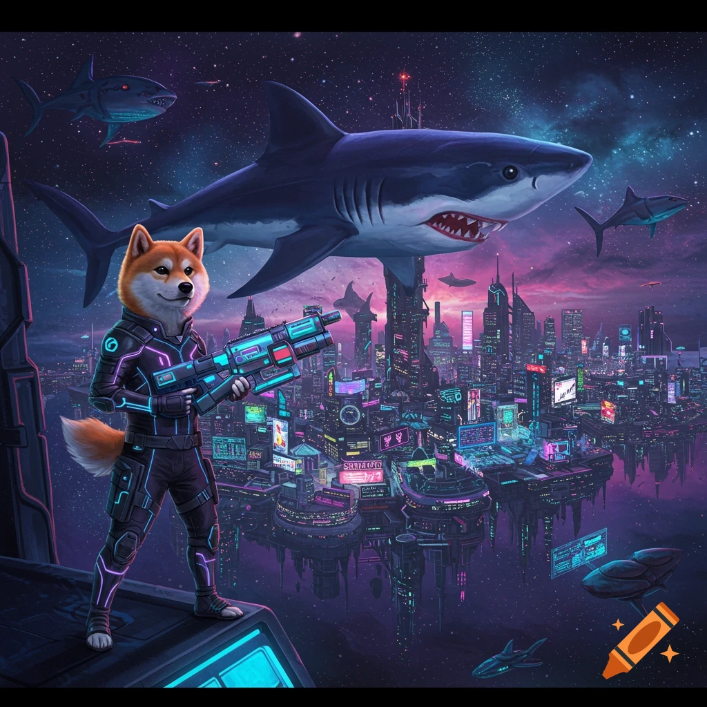 A Shiba Inu in a futuristic suit holds a large gun, standing on a building overlooking a neon sci-fi city while a large shark and smaller sharks swim in the space sky.