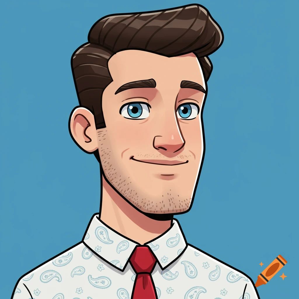 Cartoon portrait of a smiling man in a patterned shirt and red tie.