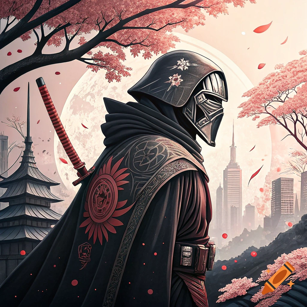 Figure resembling Kylo Ren in samurai armor with katana, in a Japanese landscape with cherry blossoms and futuristic city.