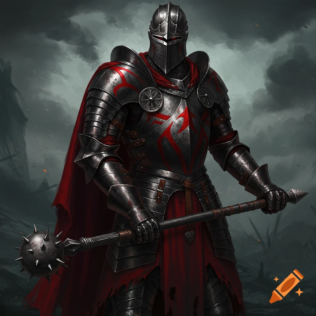 A knight in black gothic armor with red trim, wearing a sallet helm and red cape, holding a mace.