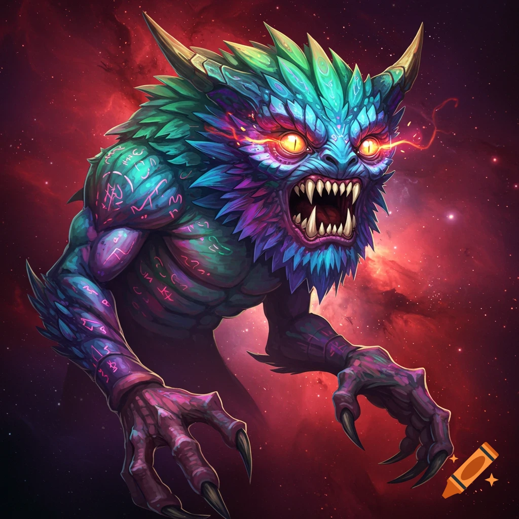 Colorful fantasy monster with glowing eyes and sharp claws against a red cosmic background.