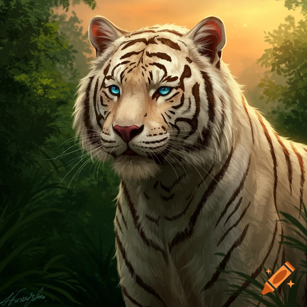A white tiger with blue eyes in a forest at sunset.
