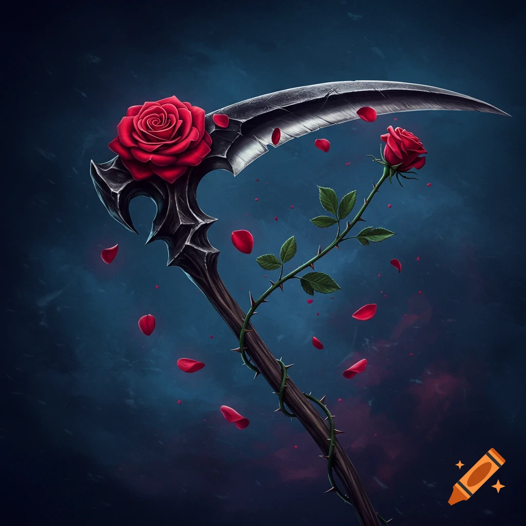 A scythe blade is entwined with a red rose, with petals falling.