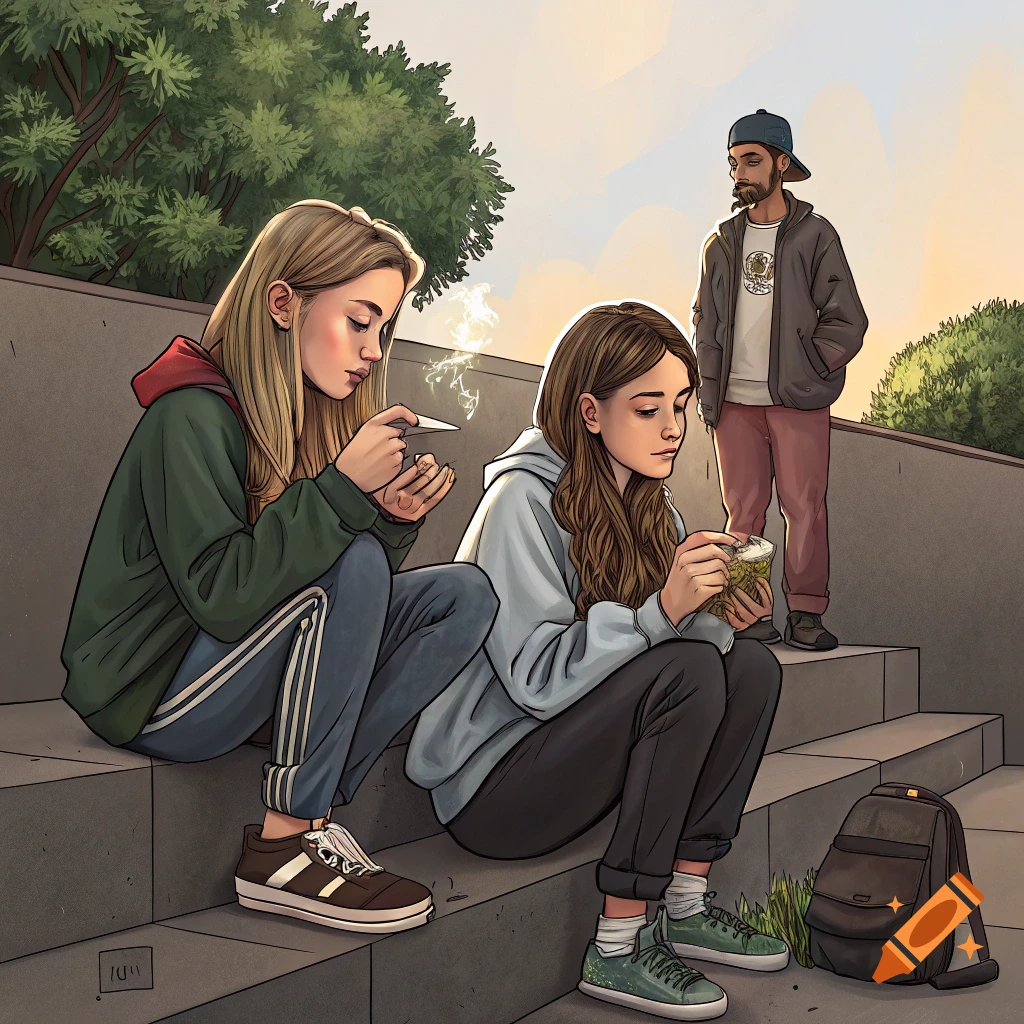 Illustration of two girls sitting on steps, one rolling a joint, the other with a jar, and a guy standing behind.