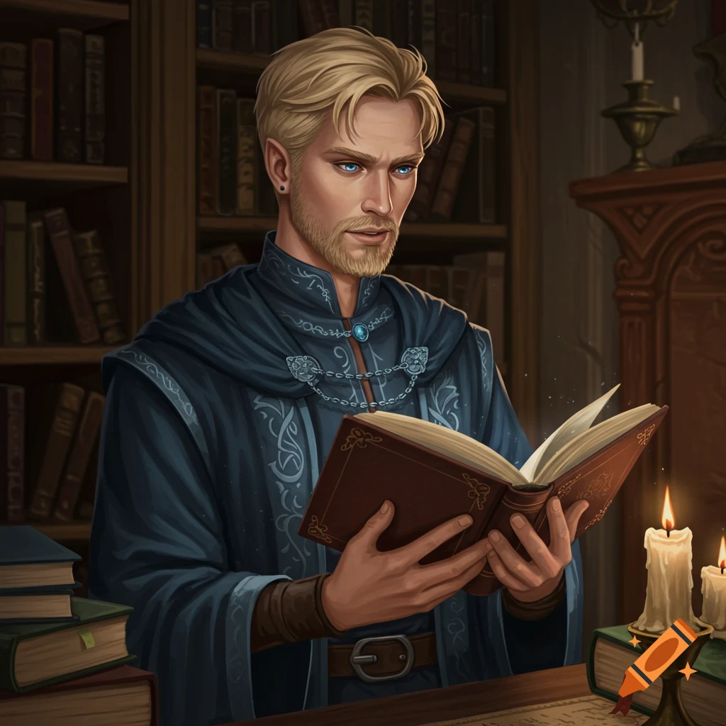 A blonde wizard with stubble in midnight robes reads a book in a library.