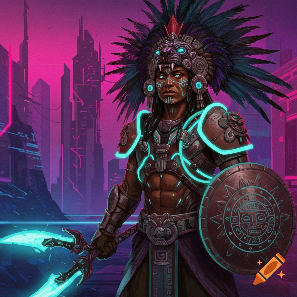 A futuristic Aztec warrior with glowing armor stands in a city