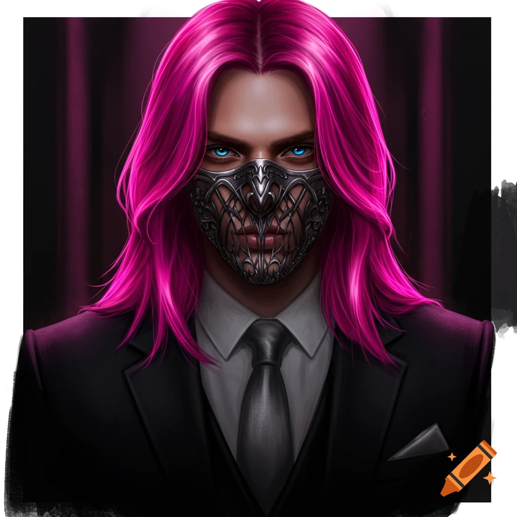 Person with vibrant pink hair, metallic mask, and black suit against a dark background.