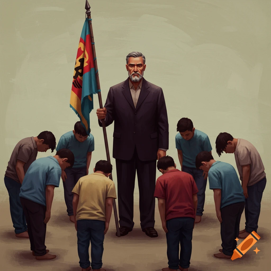 A man holding a flag, surrounded by boys bowing.