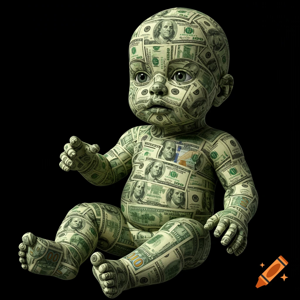 A surreal baby figure made entirely of intricately folded dollar bills, sitting against a black background.