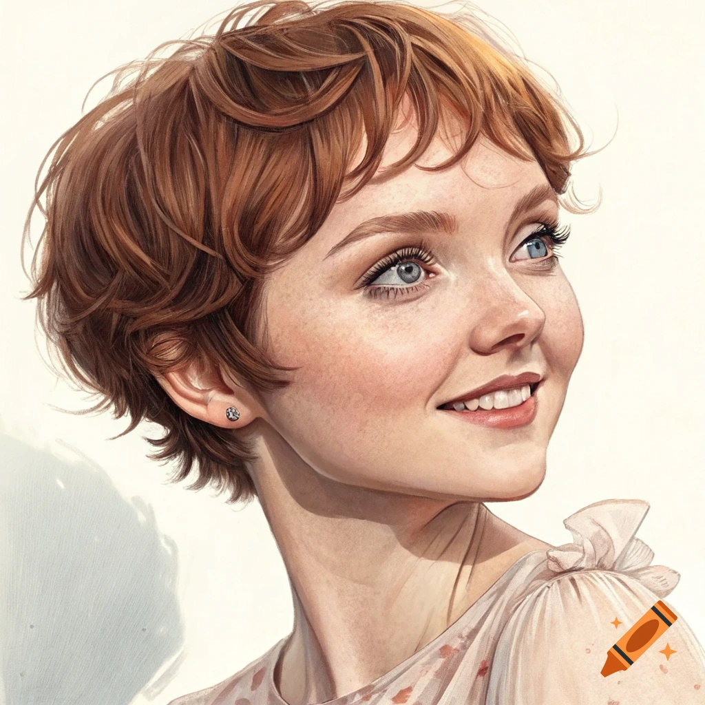Detailed portrait of a smiling woman with short red hair and blue eyes, looking upwards.