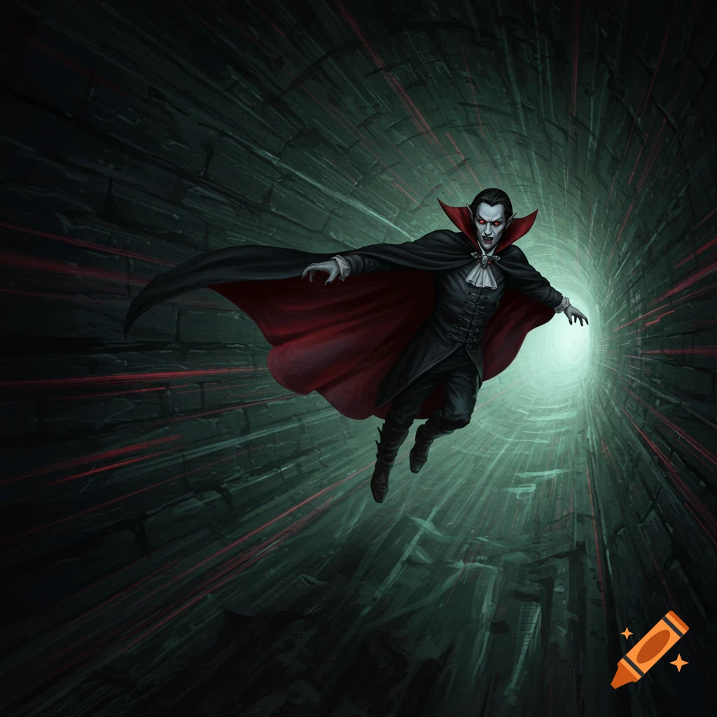 A vampire with a cape is flying through a dark tunnel