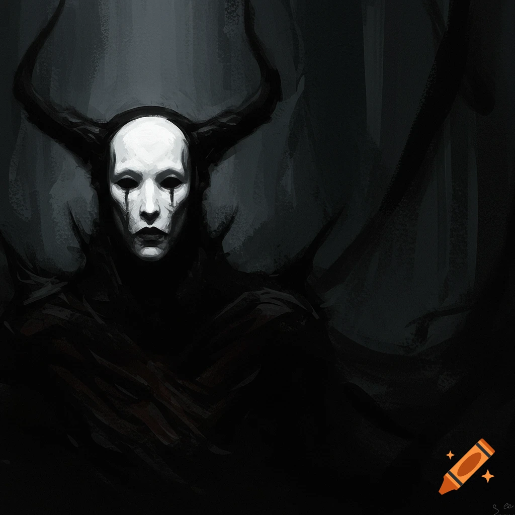 A demonic figure with a white mask-like face and horns in a dark, blurry forest.