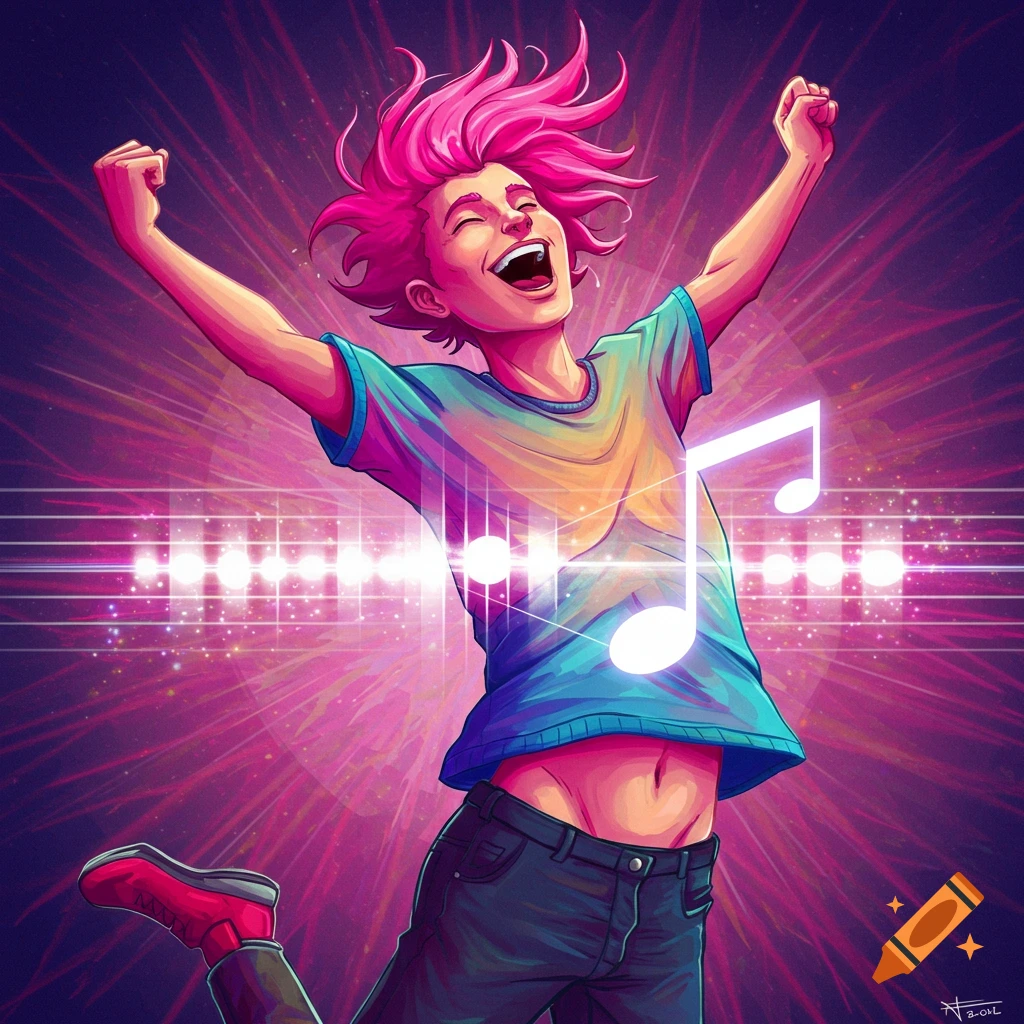 A person with pink hair is jumping with joy, surrounded by musical lights and notes.