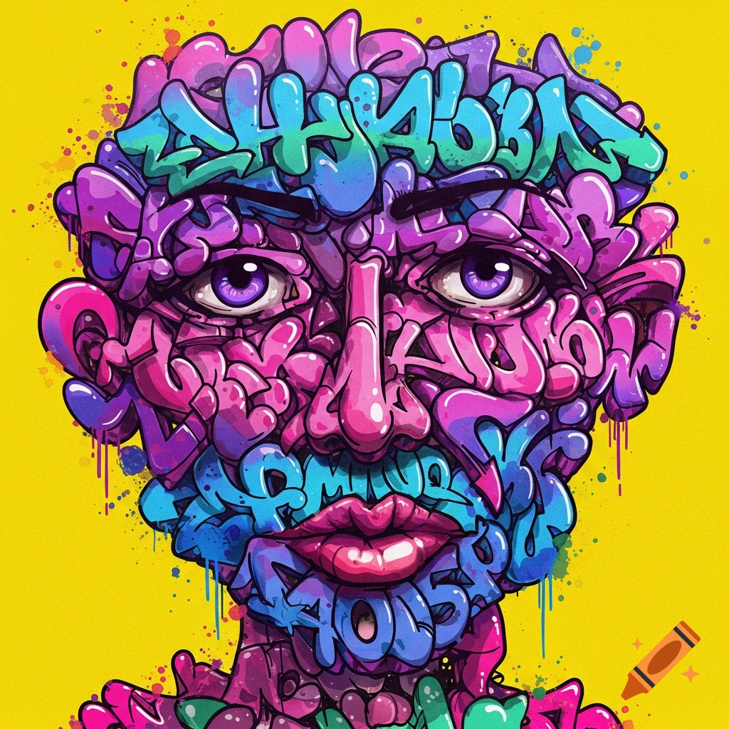 Abstract image of a face made from colorful graffiti bubble letters on yellow background.