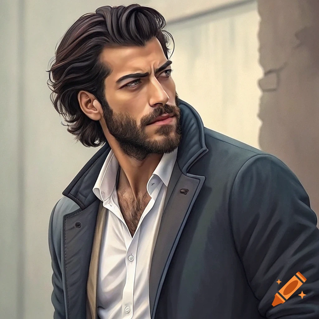 A man with dark hair and beard looks away, wearing a dark jacket over a white shirt. Realistic style.