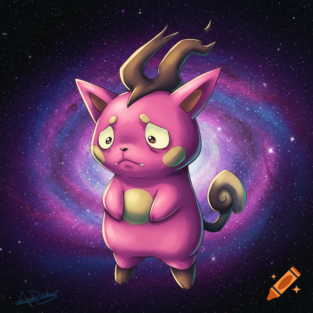 A sad pink cartoon creature with horns and a curled tail stands in front of a galaxy.