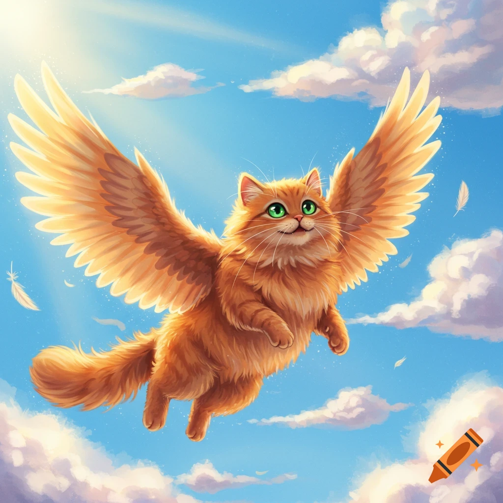 A fluffy orange cat with golden wings is flying in a sunny, cloudy sky.