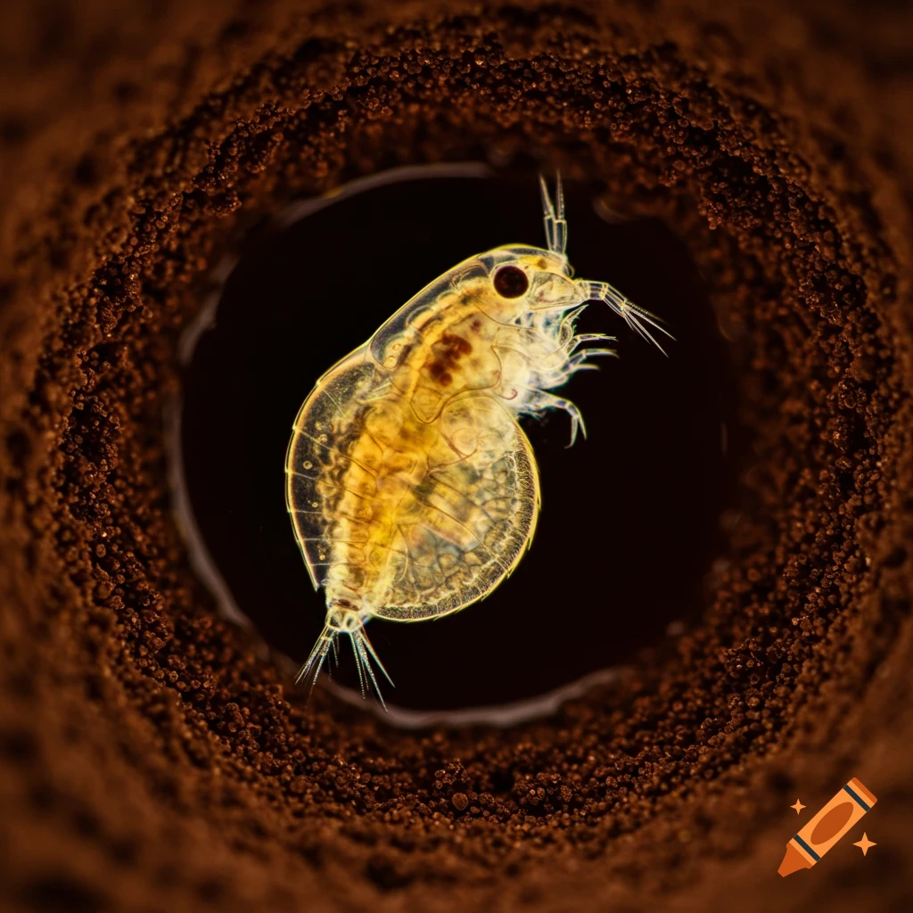 Close-up view of a daphnia inside a tunnel made of granular material, likely soil or coffee.