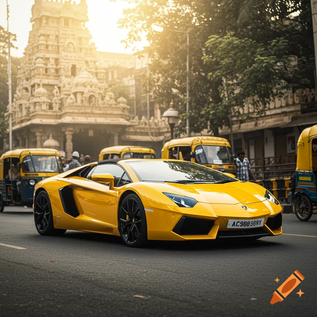 A photo of a yellow Lamborghini on a street in India with auto-rickshaws and a temple.