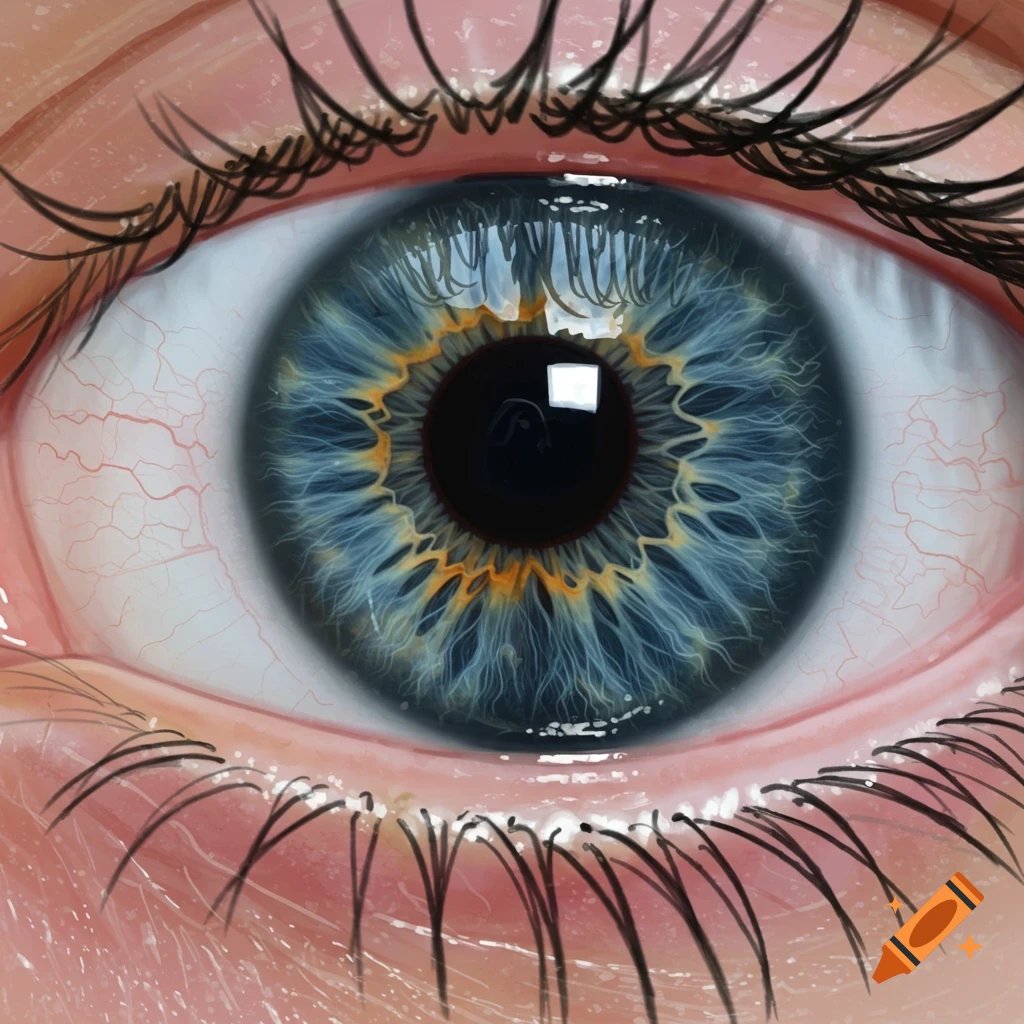 A detailed close-up of a blue human eye with visible veins and eyelashes.