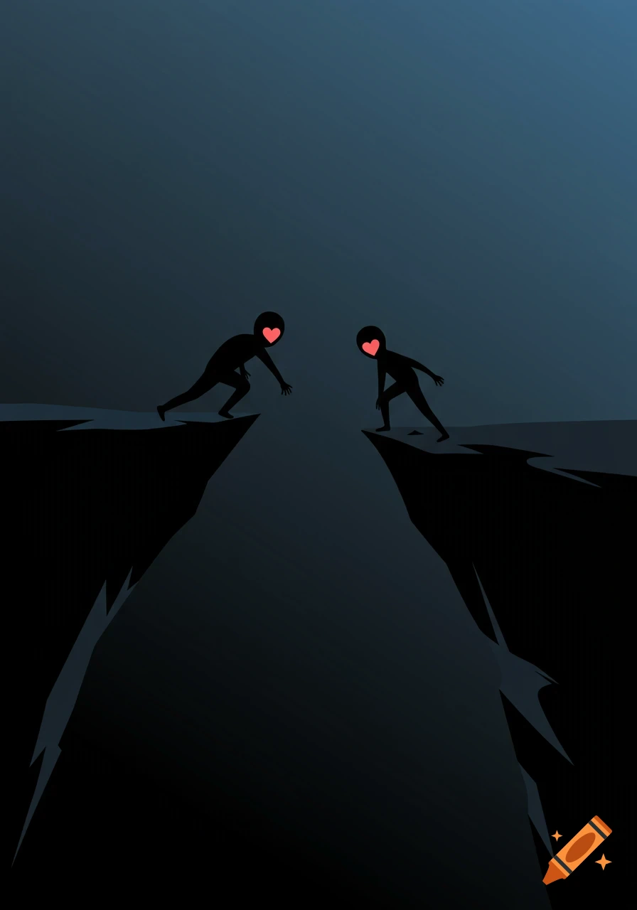 Two black figures with heart eyes reach across a dark cliff gap in a minimalist illustration.