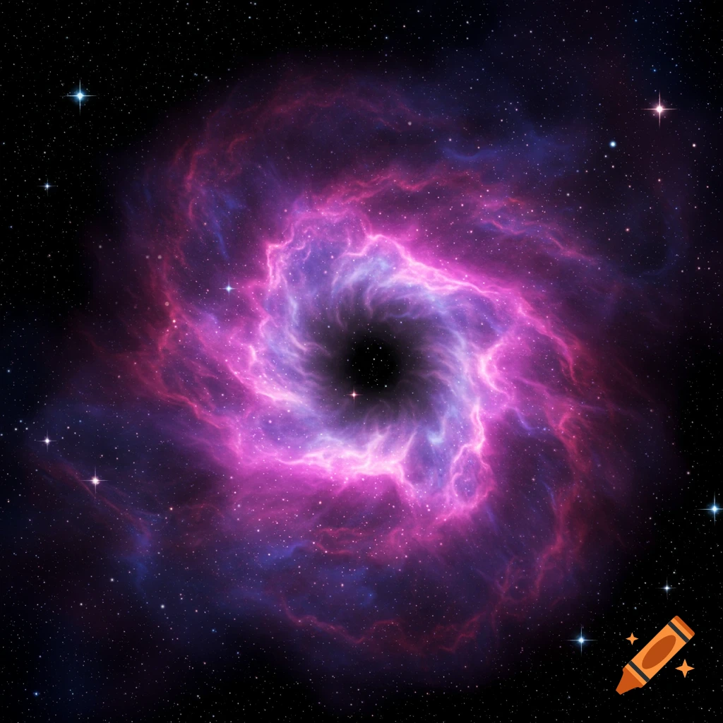 A purple and pink swirling nebula in space with stars.