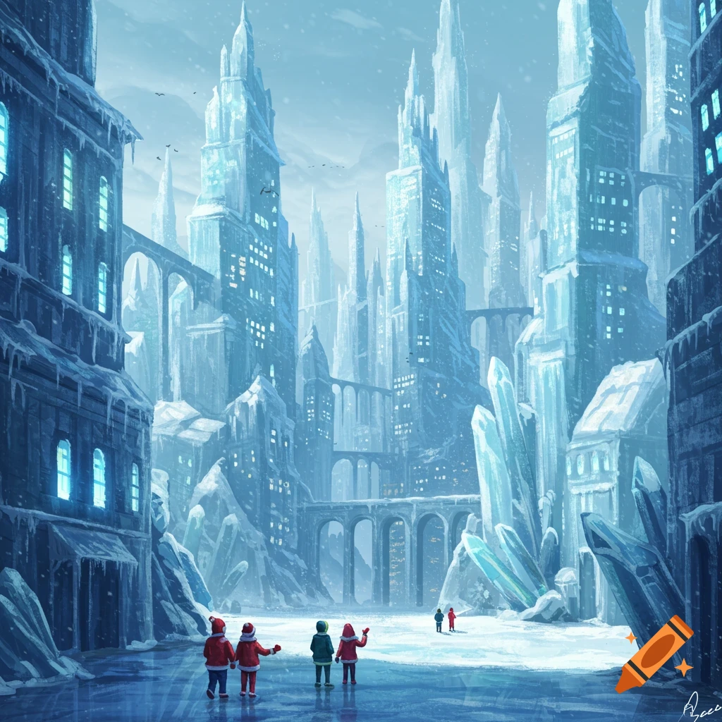 A fantasy ice city with people on a street.