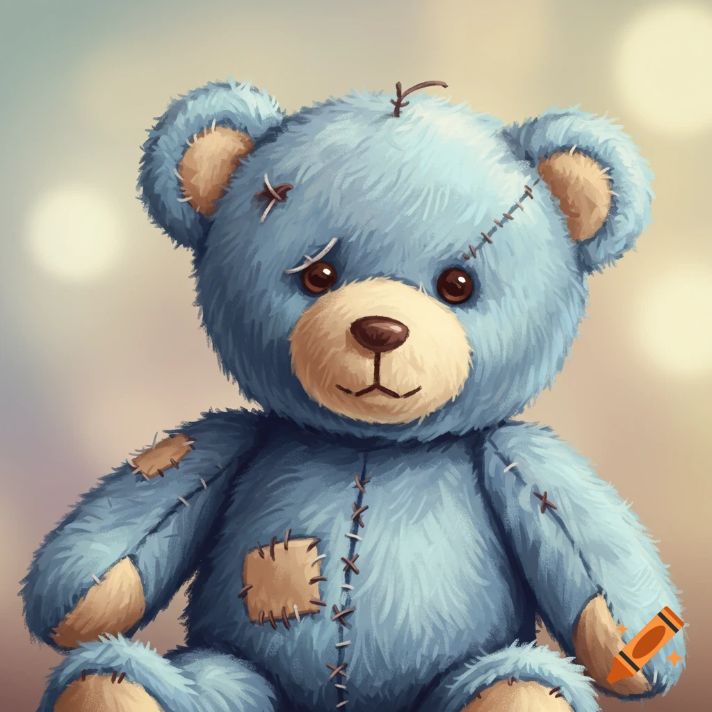 A close-up of a blue teddy bear with brown patches and stitches.