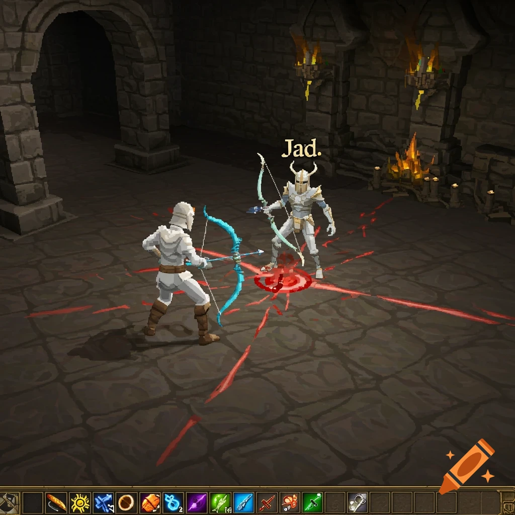 Two pixelated characters fight with bows in a dungeon, one is labeled Jad.