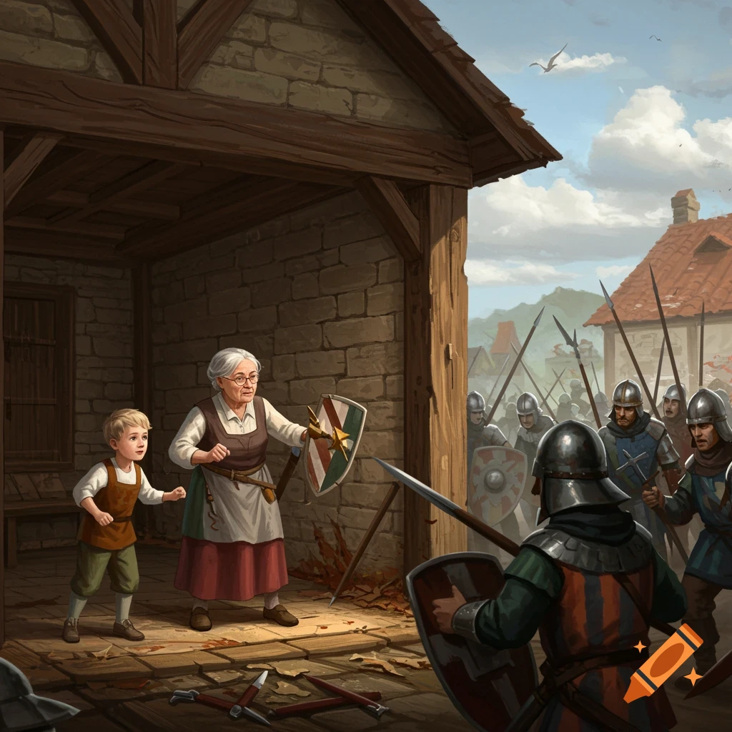 Old woman and boy defending a house against medieval soldiers.