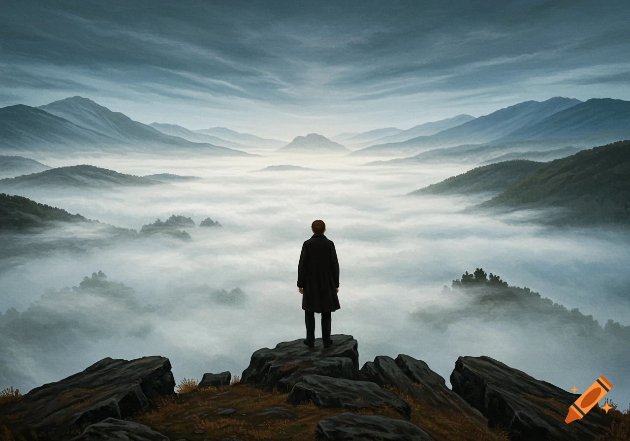 Person stands on rocks overlooking foggy mountain landscape, painterly style