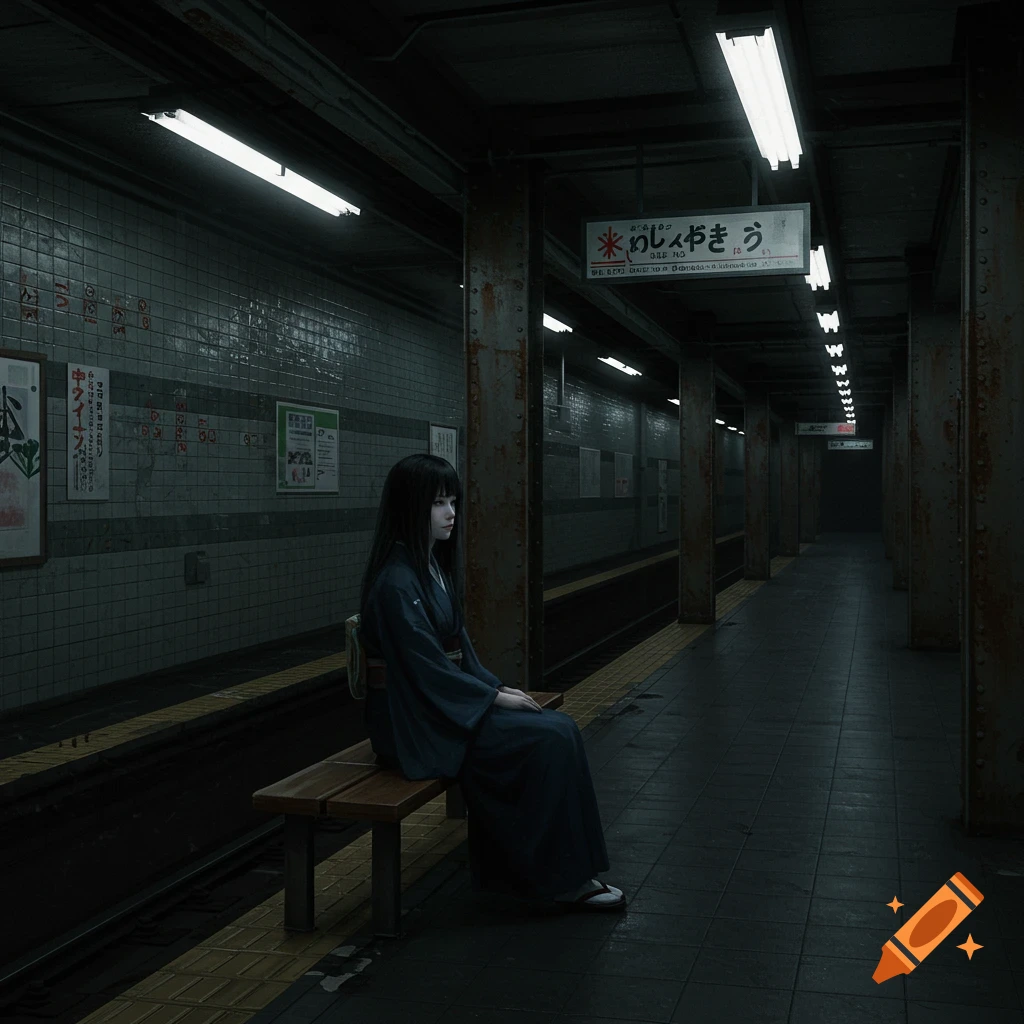 A Japanese woman in traditional clothing sits on a bench in a dark, moody subway station platform.