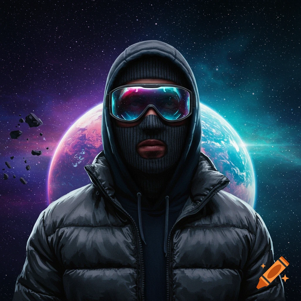 A person wearing a ski mask, goggles, hoodie, and puffer jacket in space with a planet in the background.