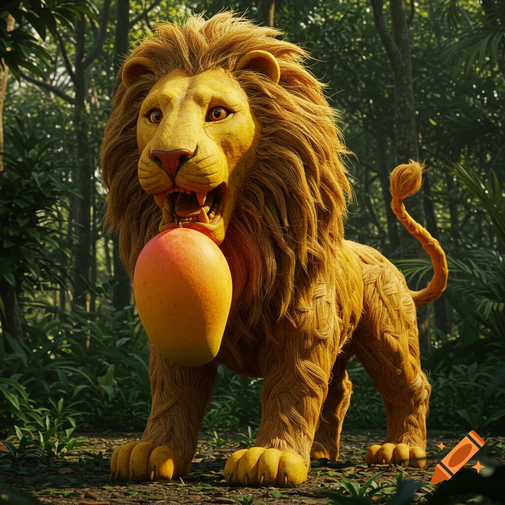 A lion holds a large mango in its mouth in a lush tropical forest.