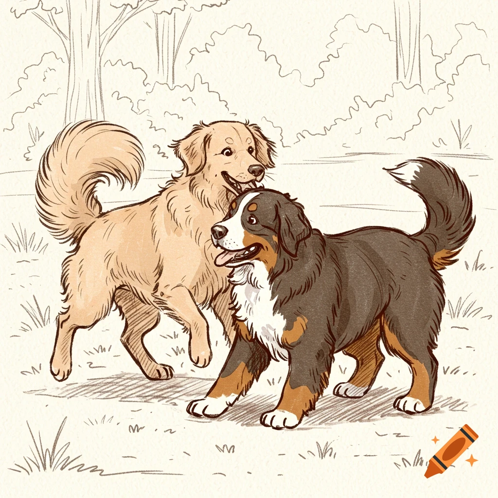 A sketch of a golden retriever and a Bernese mountain dog playing in a park.