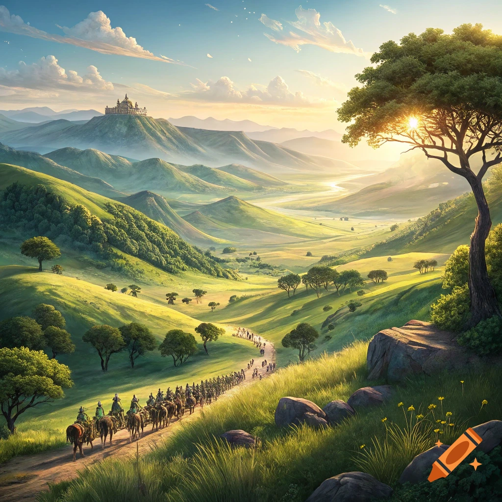 Epic fantasy painting: An army marches through a vast, sun-drenched valley toward a castle on a distant mountain.