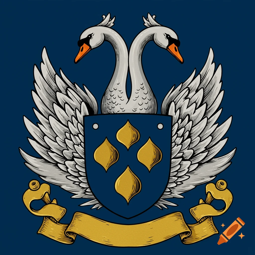 A coat of arms with two swans supporting a shield with gold shapes, a golden banner at the bottom, on a blue background.